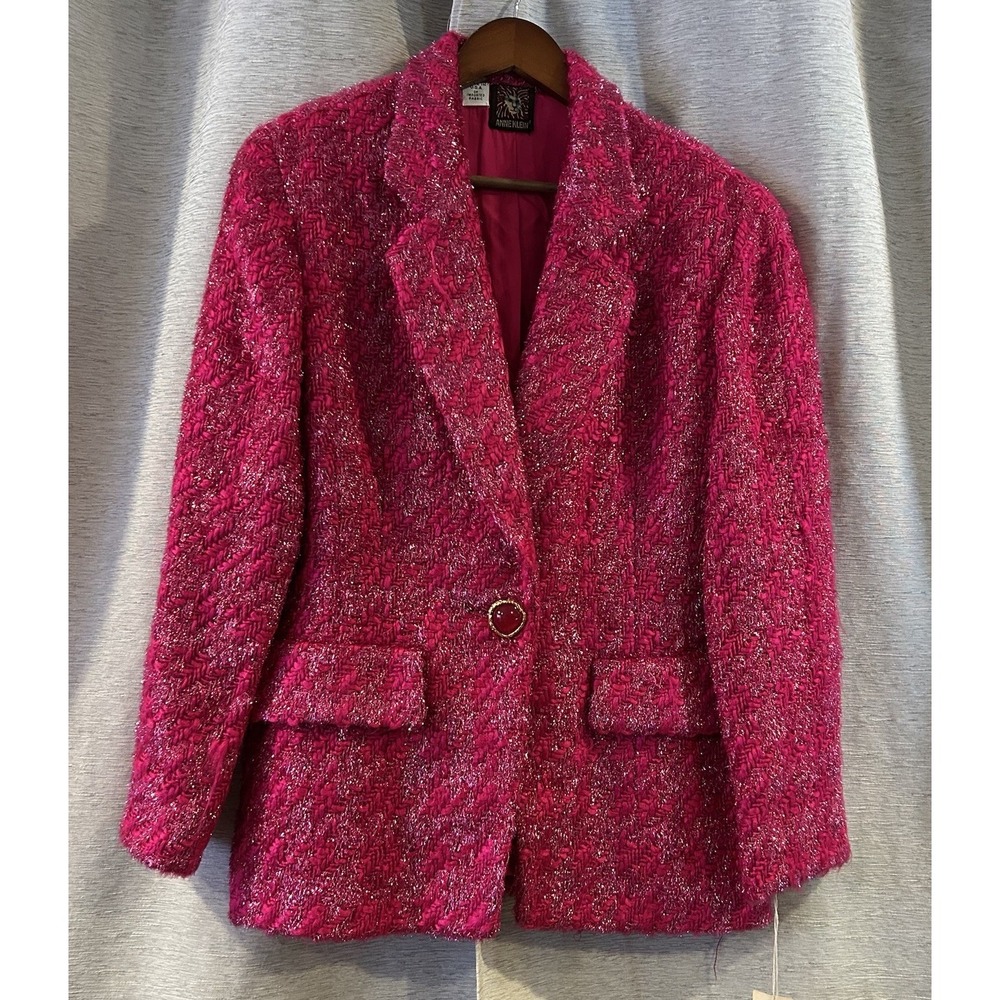 VTG Anne Klein Union Made Pink Wool Blend Tweed Knit Blazer‎ 12